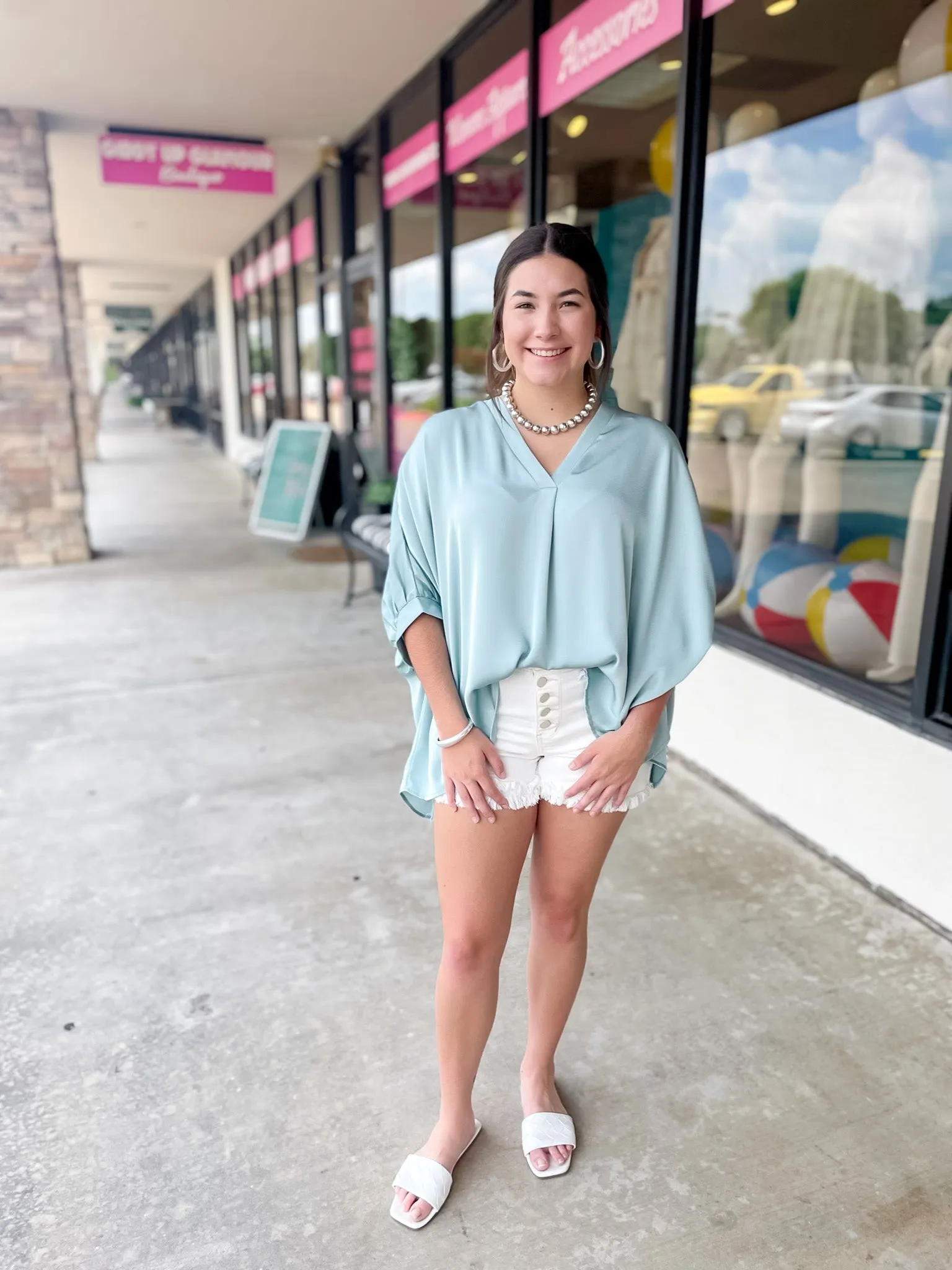 Irresistibly Chic Half Sleeve Oversized Blouse in Mint Blue