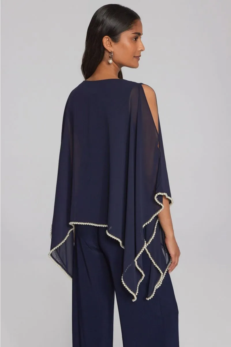 Joseph Ribkoff Midnight Blue Pearl Trim Chiffon Slit Sleeve Poncho Top 241715