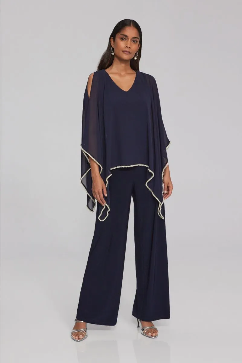 Joseph Ribkoff Midnight Blue Pearl Trim Chiffon Slit Sleeve Poncho Top 241715