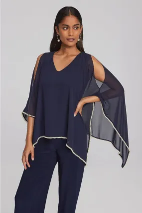 Joseph Ribkoff Midnight Blue Pearl Trim Chiffon Slit Sleeve Poncho Top 241715