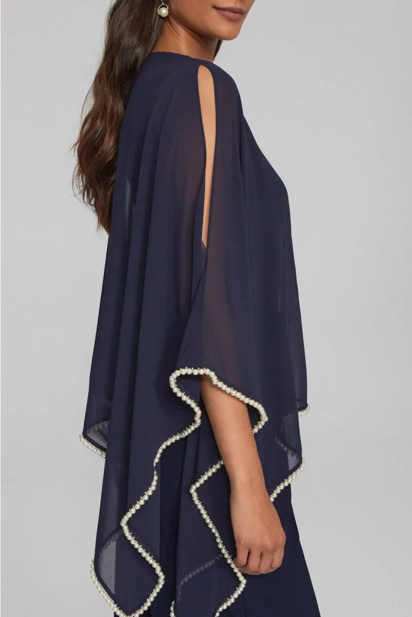 Joseph Ribkoff Midnight Blue Pearl Trim Chiffon Slit Sleeve Poncho Top 241715