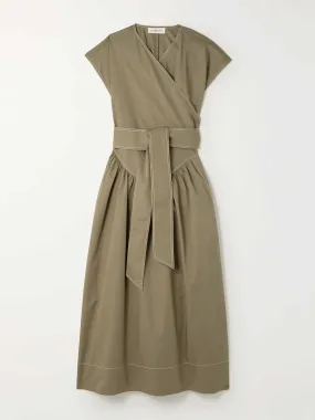 Khaki wrap cotton midi dress