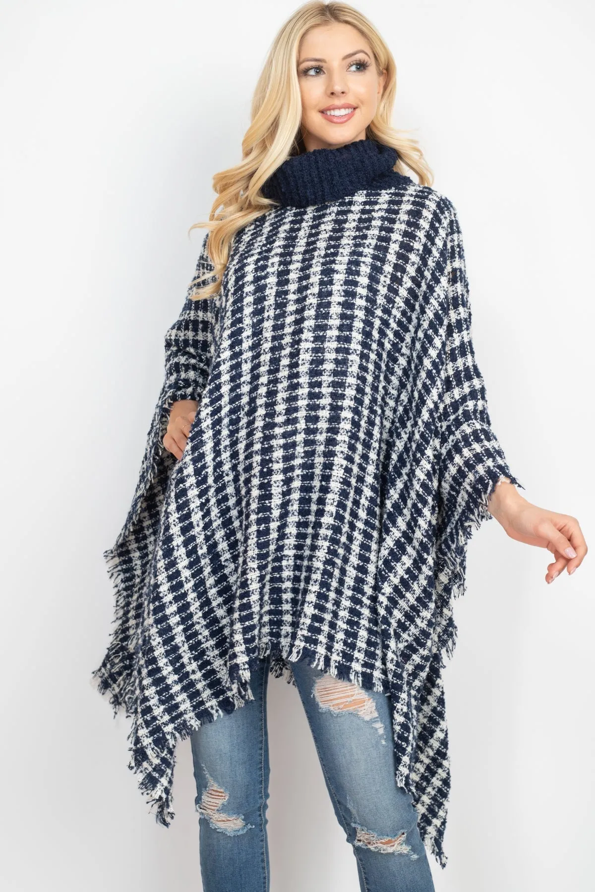 KNIT STRIPED PLAID SHAWL PONCHO