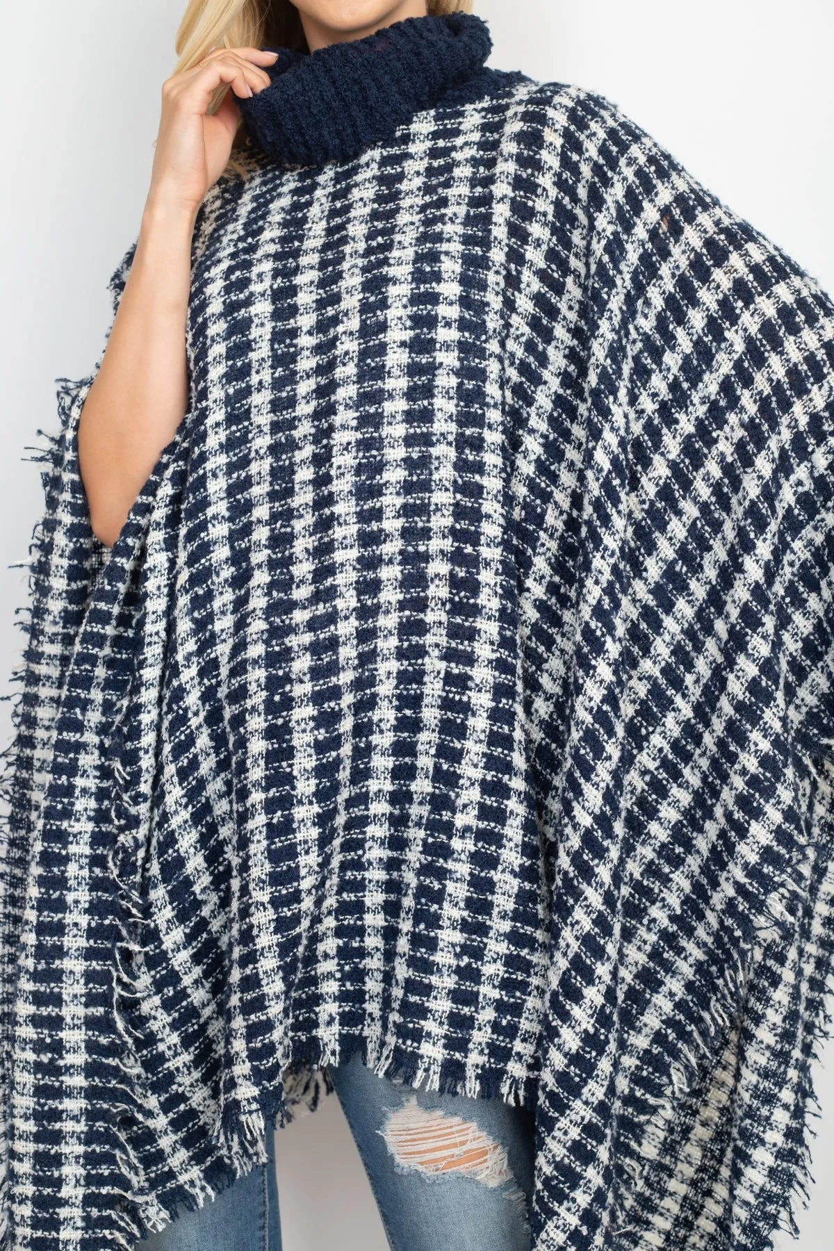 KNIT STRIPED PLAID SHAWL PONCHO