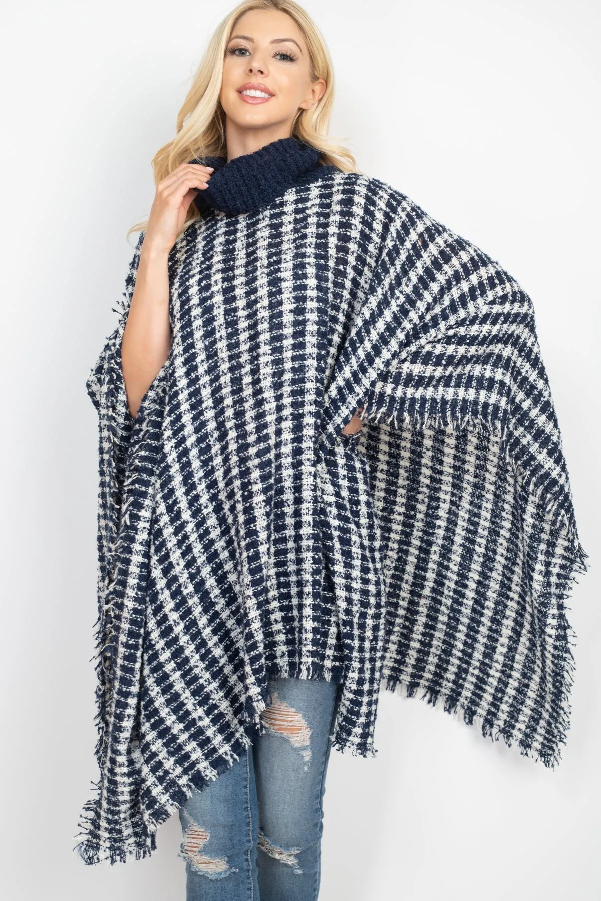 KNIT STRIPED PLAID SHAWL PONCHO