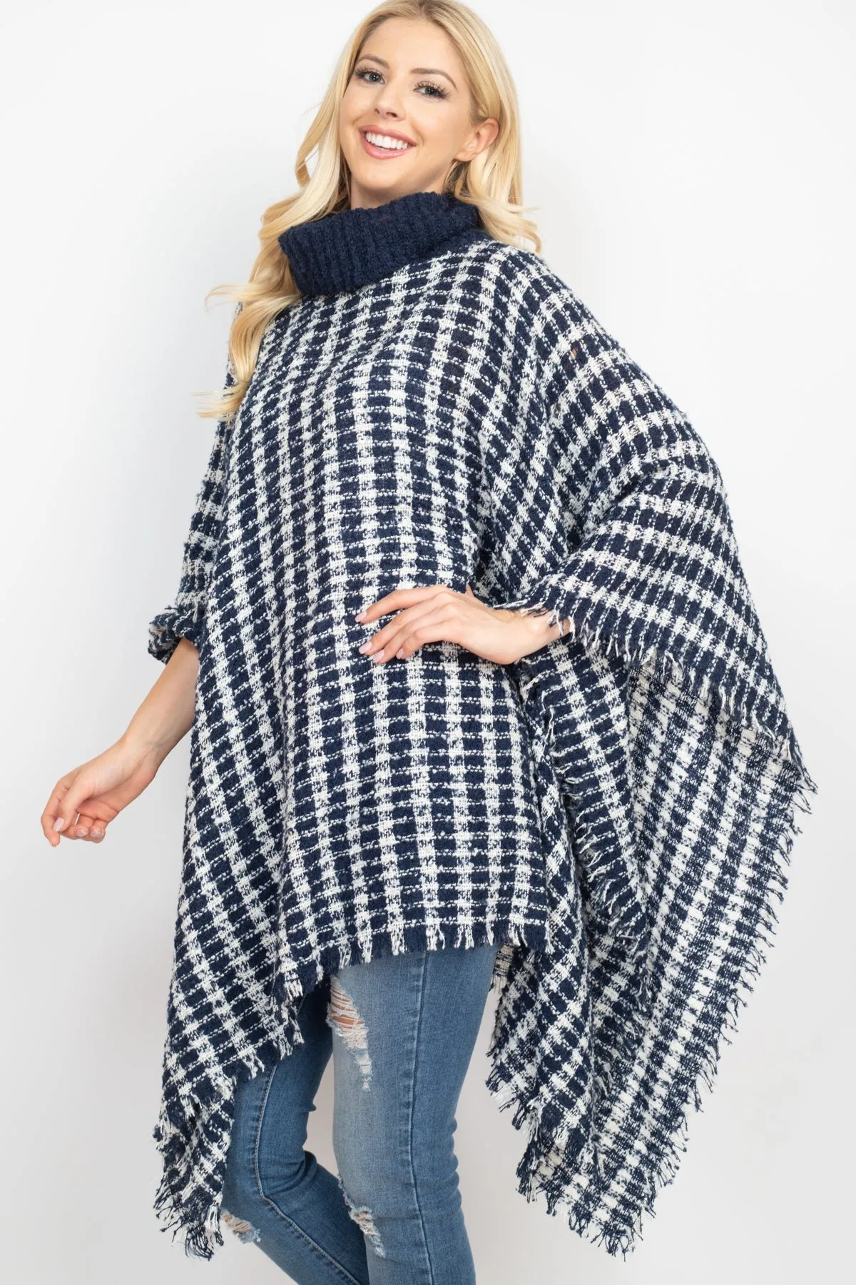 KNIT STRIPED PLAID SHAWL PONCHO