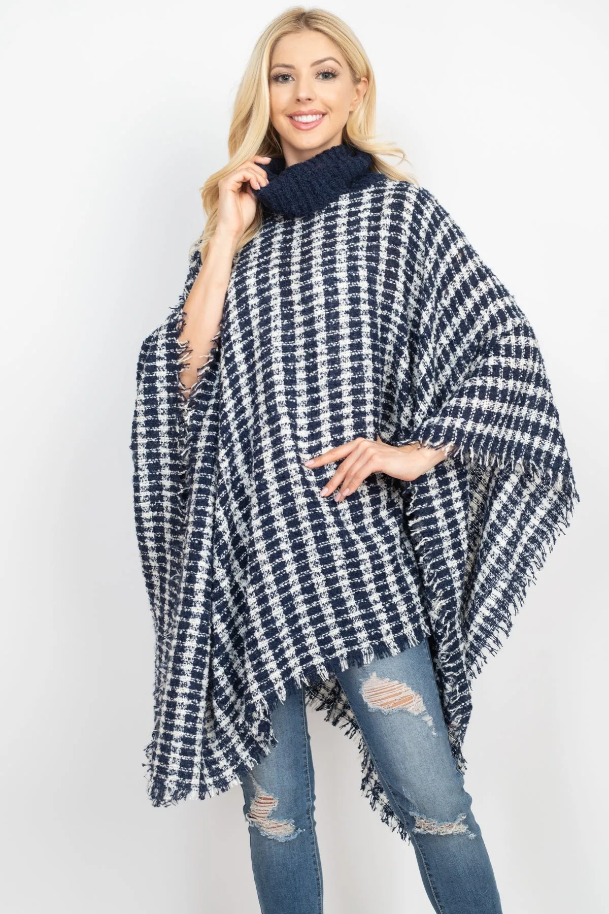 KNIT STRIPED PLAID SHAWL PONCHO