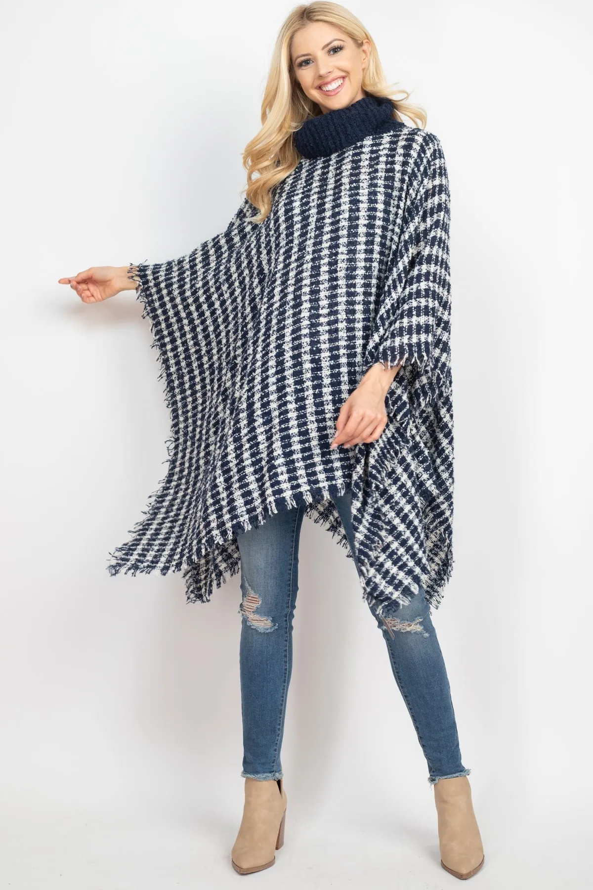 KNIT STRIPED PLAID SHAWL PONCHO