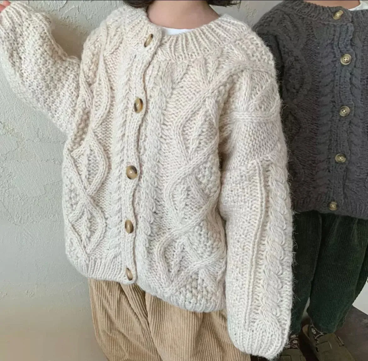 Knitted Crochet  Cardigan Jumper - Oatmeal