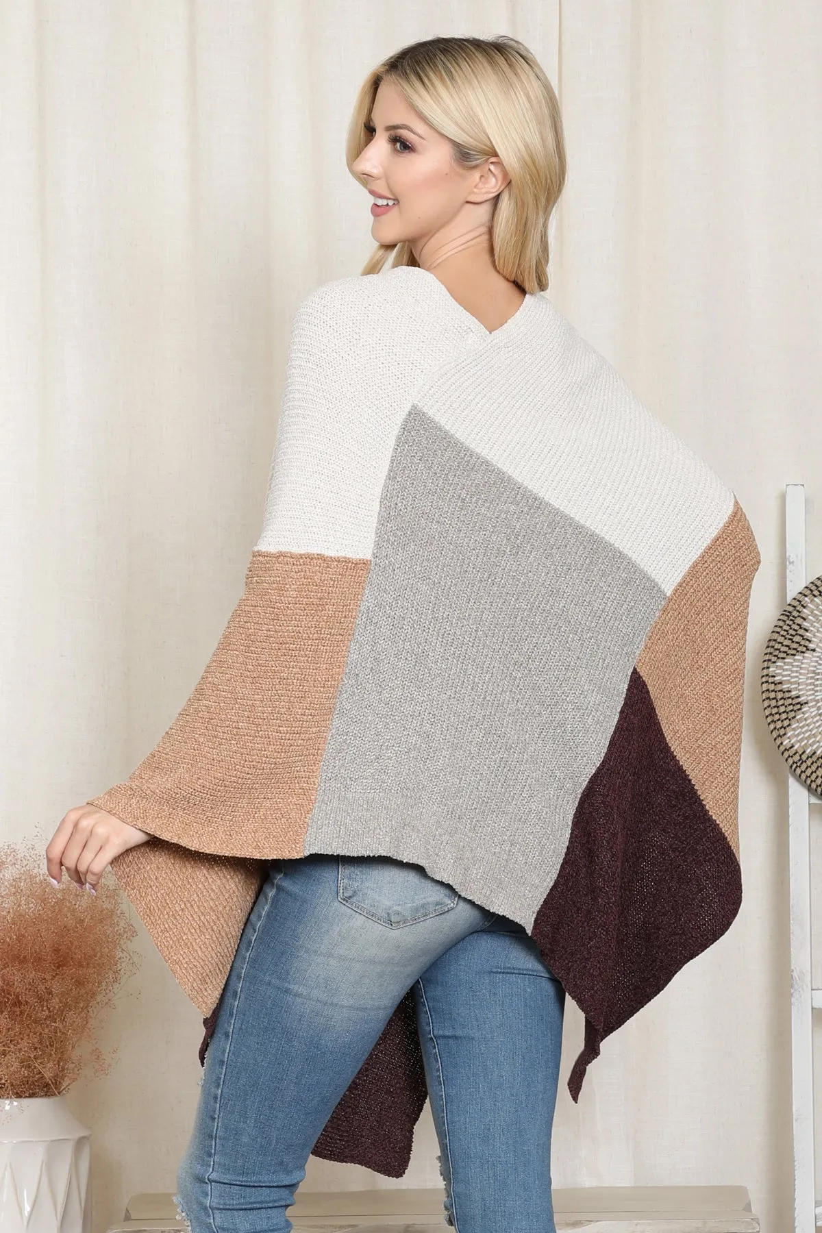 KNITTED GEOMETRIC SQUARE MULTI COLOR PONCHO