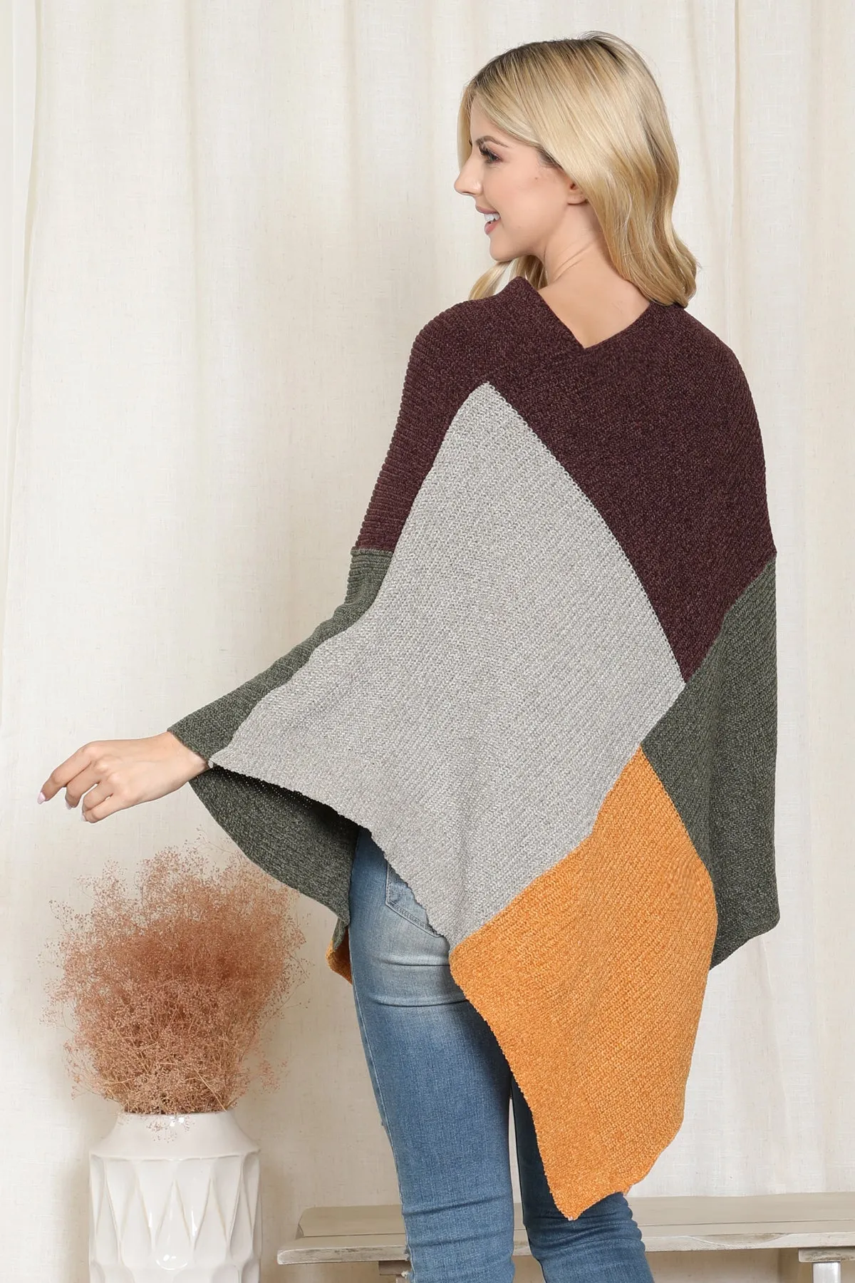 KNITTED GEOMETRIC SQUARE MULTI COLOR PONCHO