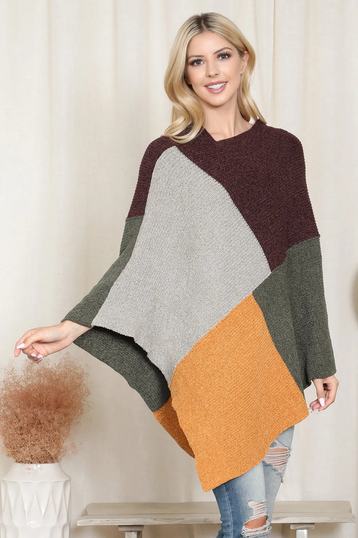 KNITTED GEOMETRIC SQUARE MULTI COLOR PONCHO