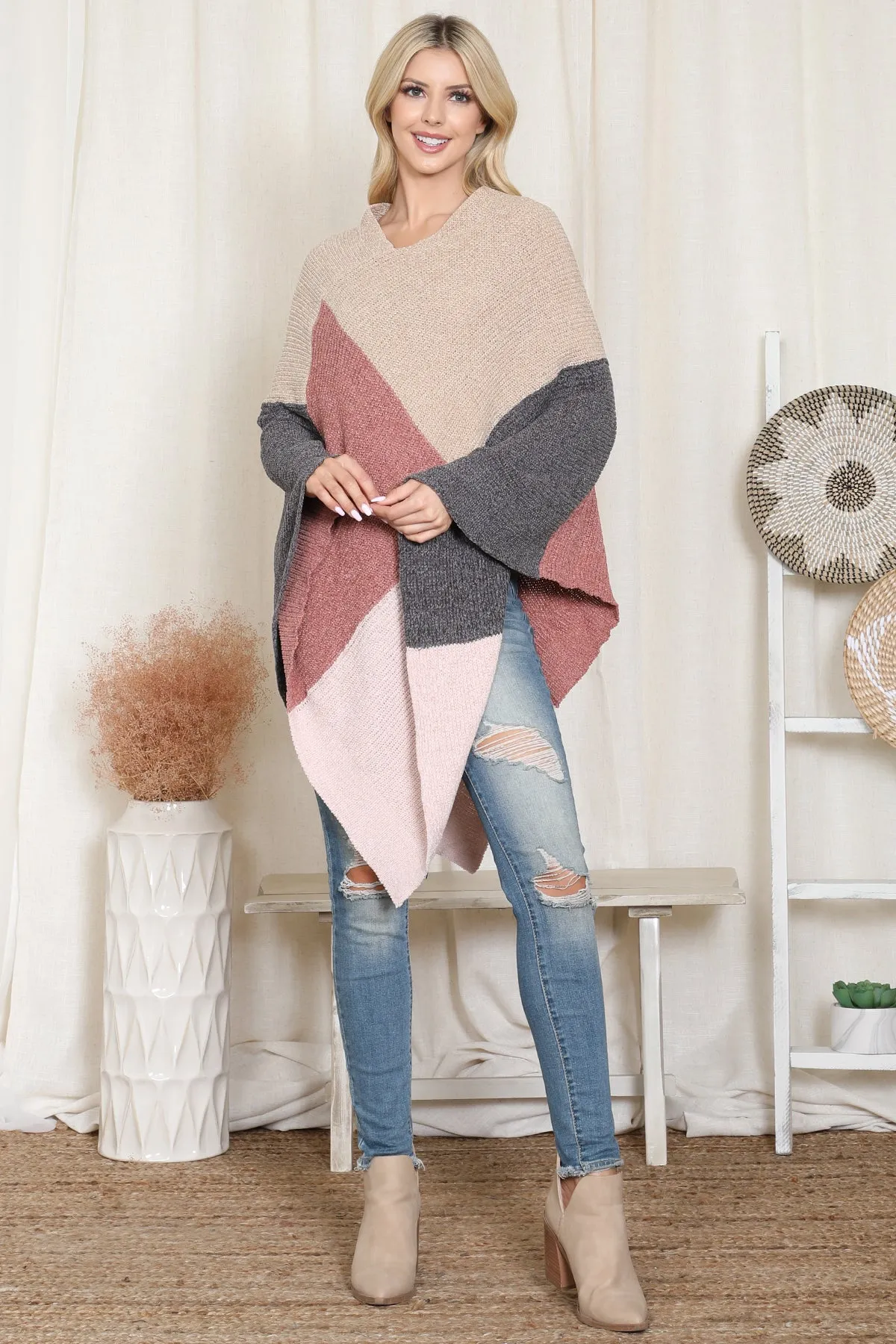 KNITTED GEOMETRIC SQUARE MULTI COLOR PONCHO