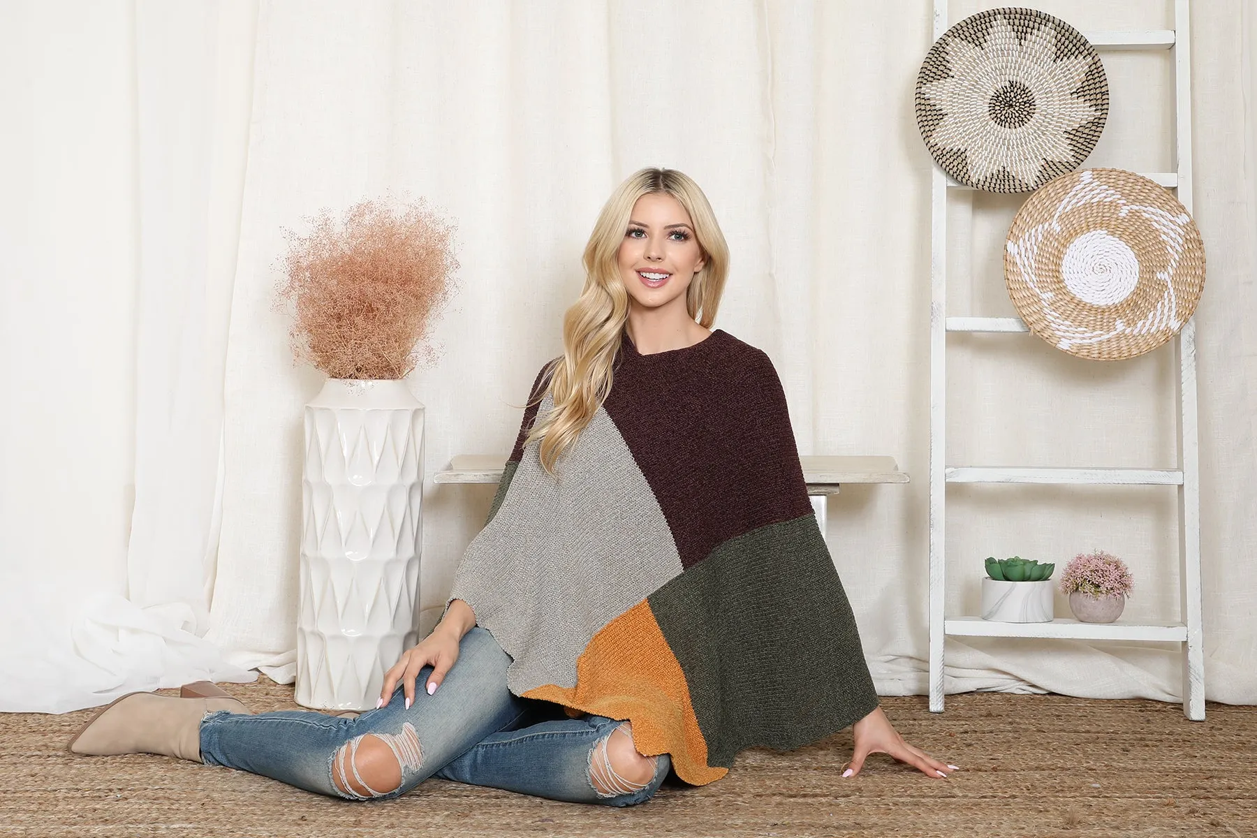 KNITTED GEOMETRIC SQUARE MULTI COLOR PONCHO