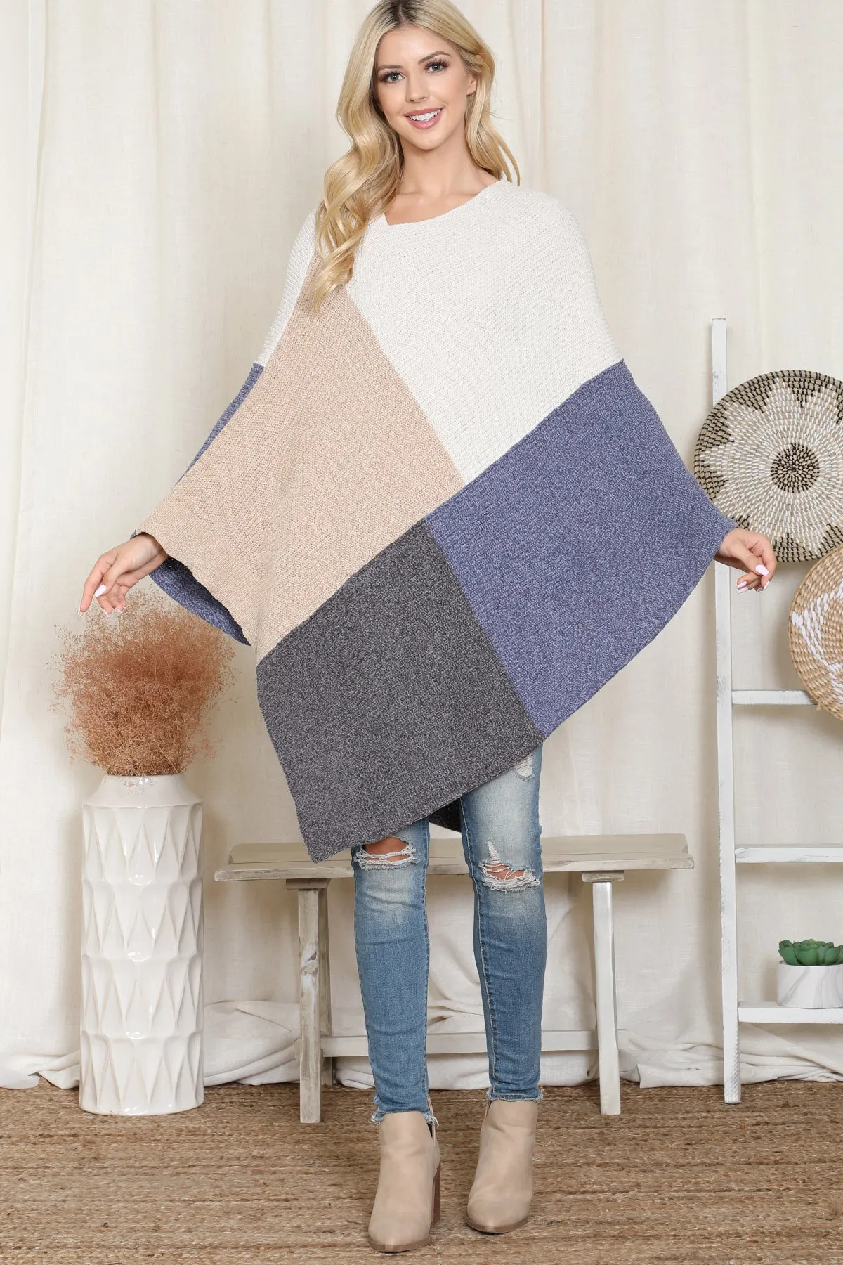 KNITTED GEOMETRIC SQUARE MULTI COLOR PONCHO