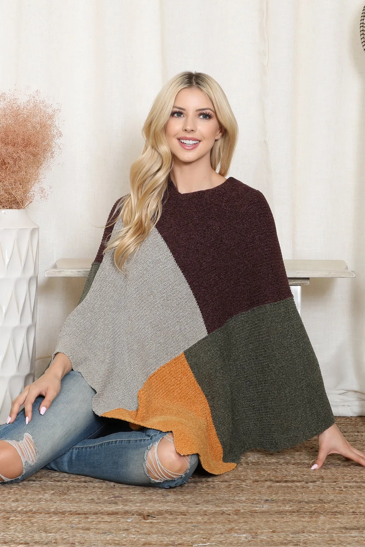 KNITTED GEOMETRIC SQUARE MULTI COLOR PONCHO