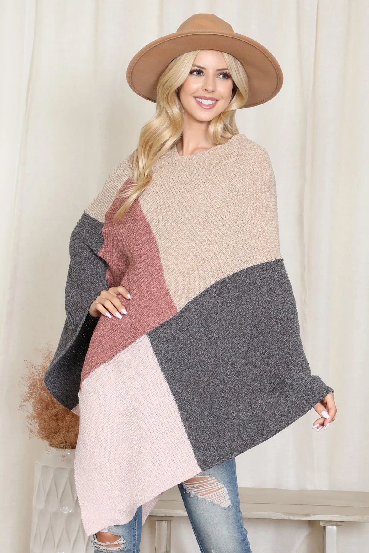 KNITTED GEOMETRIC SQUARE MULTI COLOR PONCHO