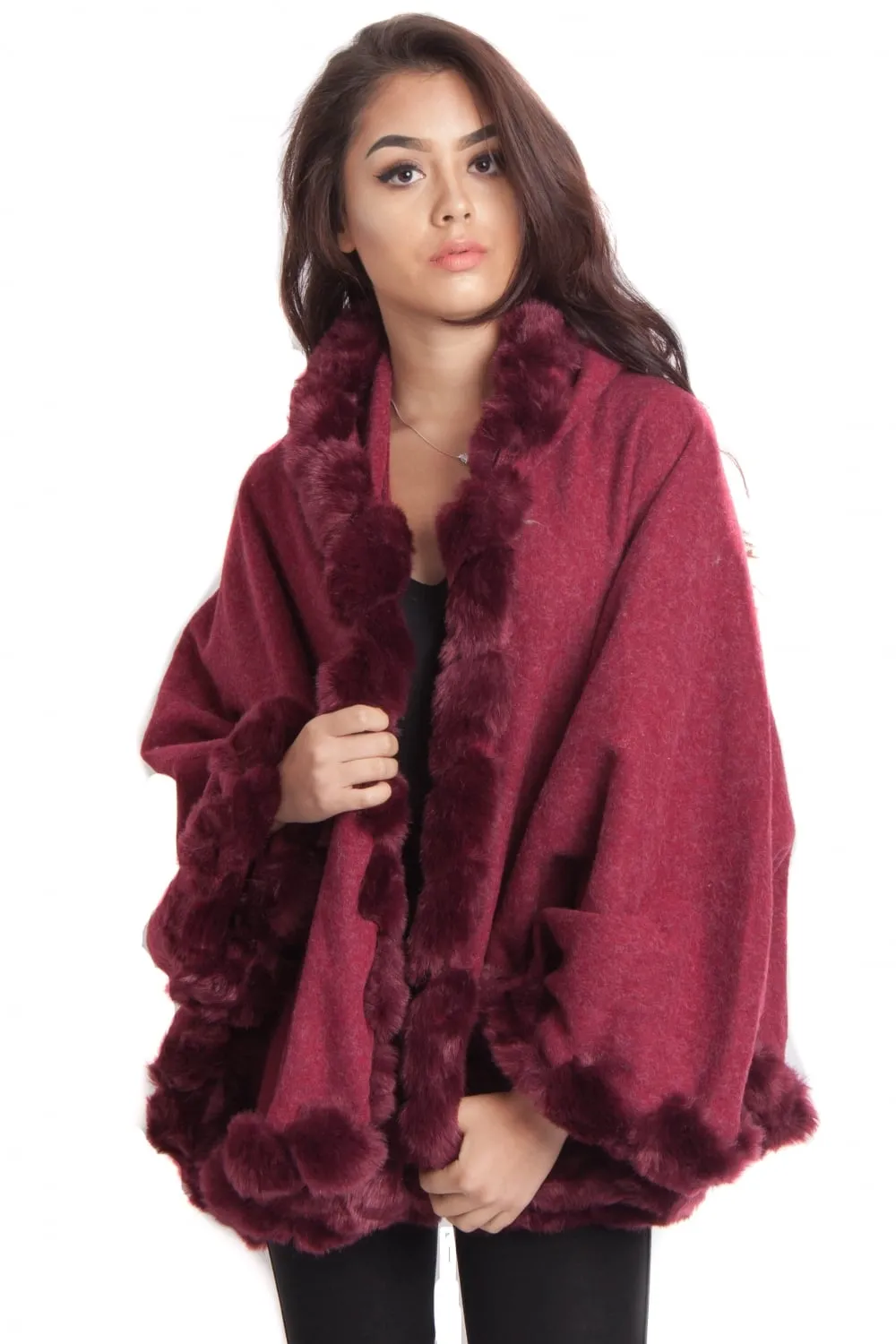 Knitted Soft Faux Fur Trim Poncho with Sleeves