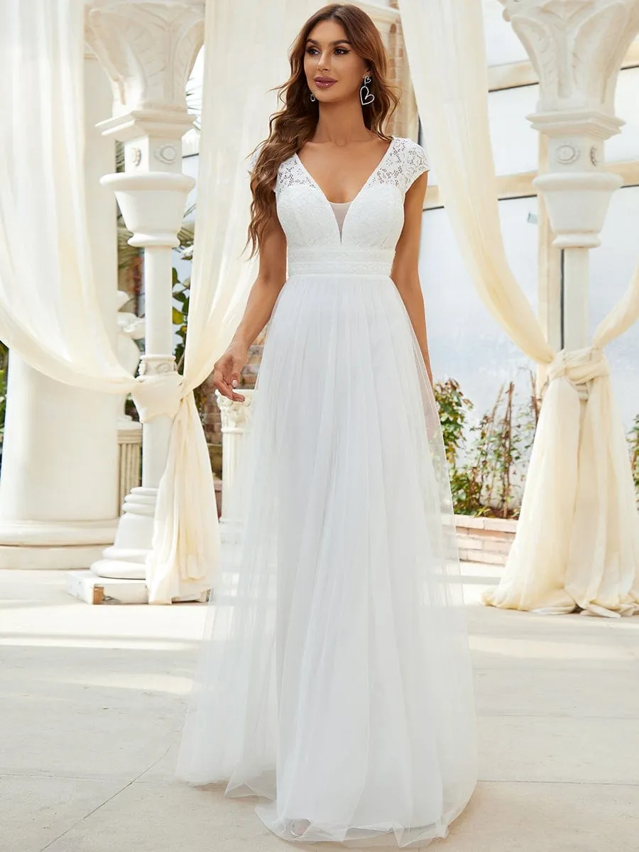 Lace V-Neck Floor Length Cap Sleeve Casual Wedding Dress