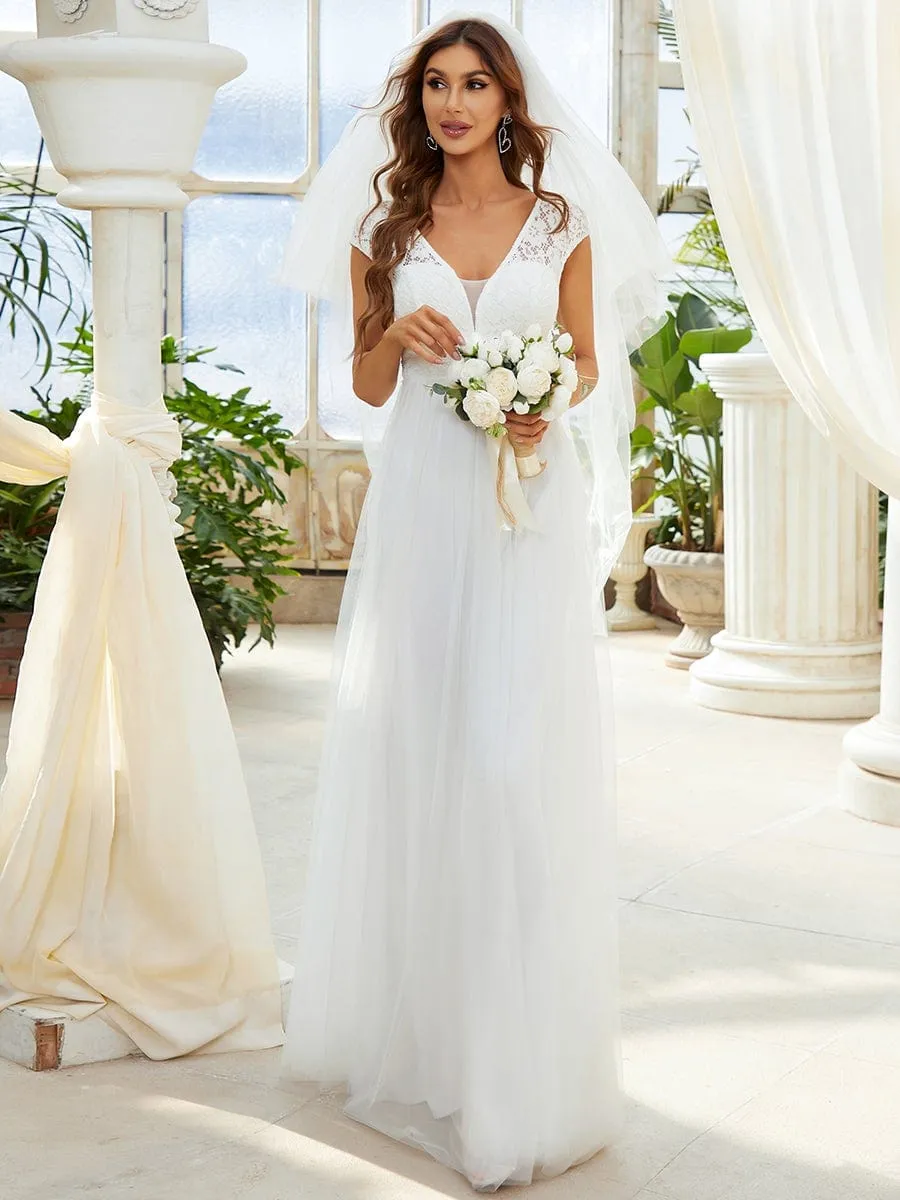 Lace V-Neck Floor Length Cap Sleeve Casual Wedding Dress