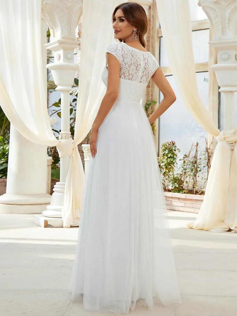 Lace V-Neck Floor Length Cap Sleeve Casual Wedding Dress