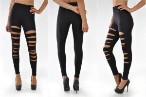 Leggings Slashed Black Laser Sexy Stretch Size Cut