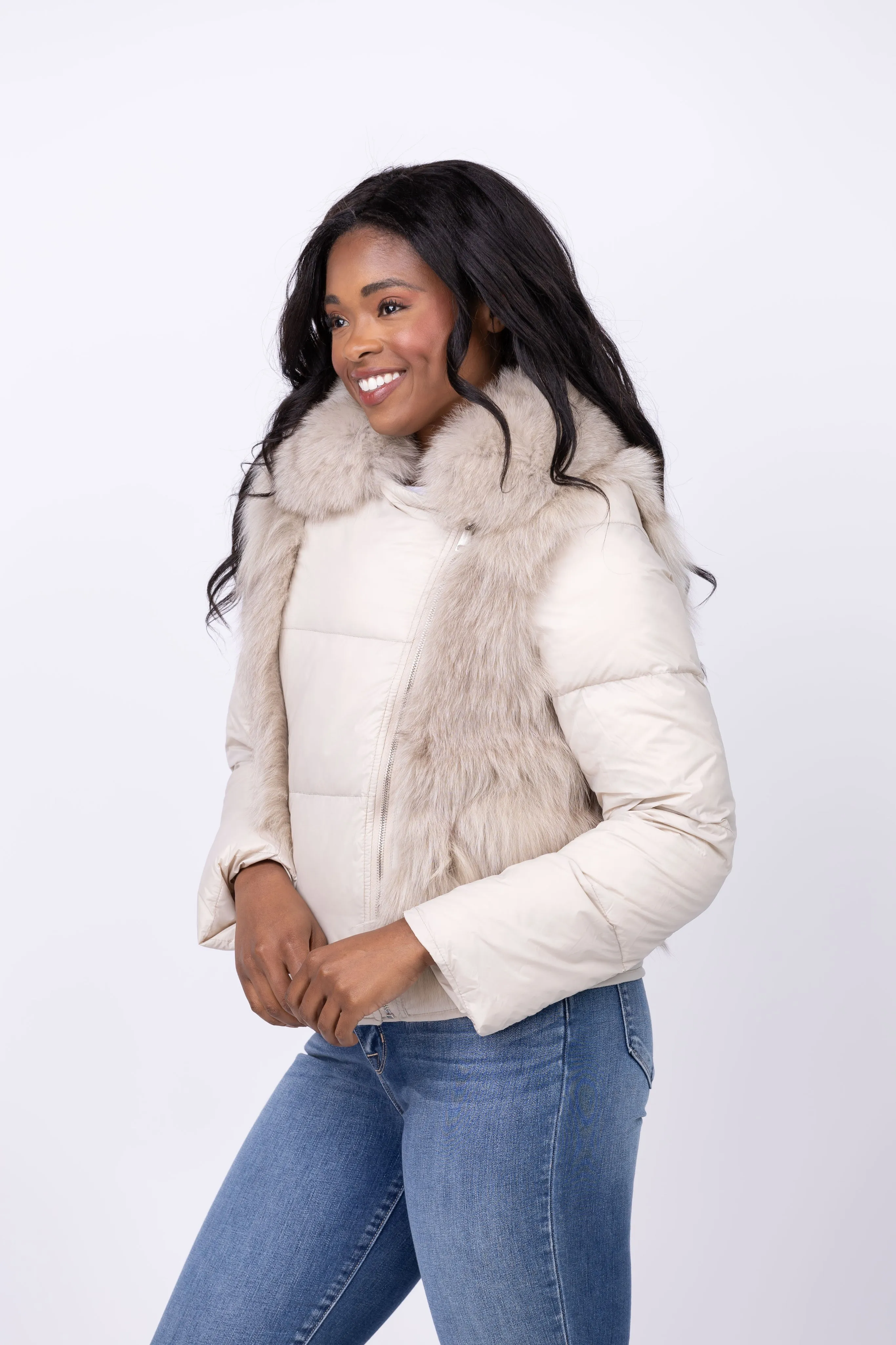 Linda Richards Fox Jacket with Hood in Champagne