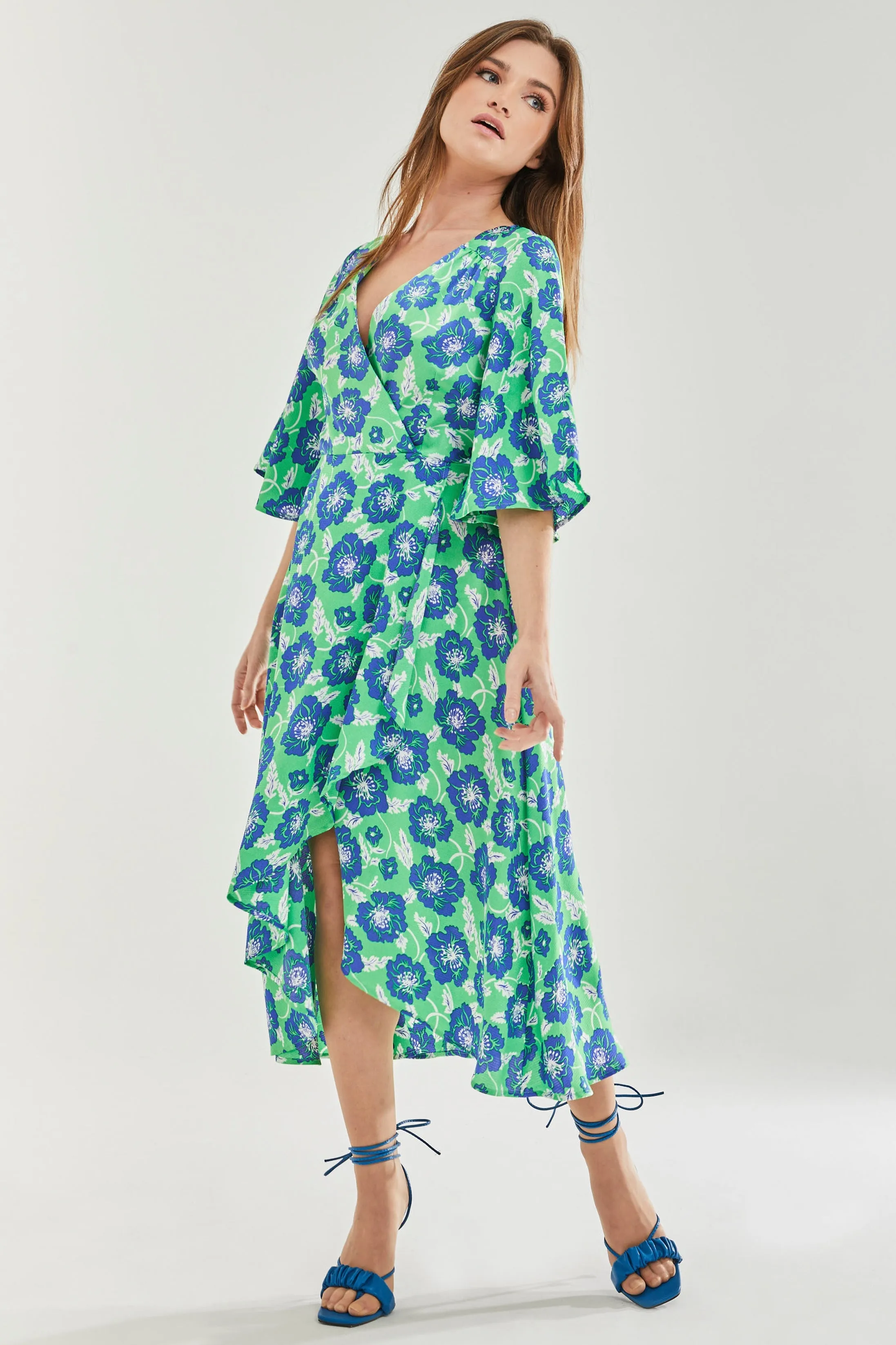 Liquorish Blue Floral Midi Wrap Dress Kimono Sleeves Green