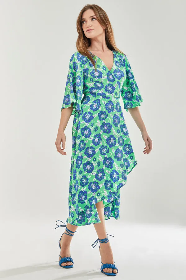 Liquorish Blue Floral Midi Wrap Dress Kimono Sleeves Green