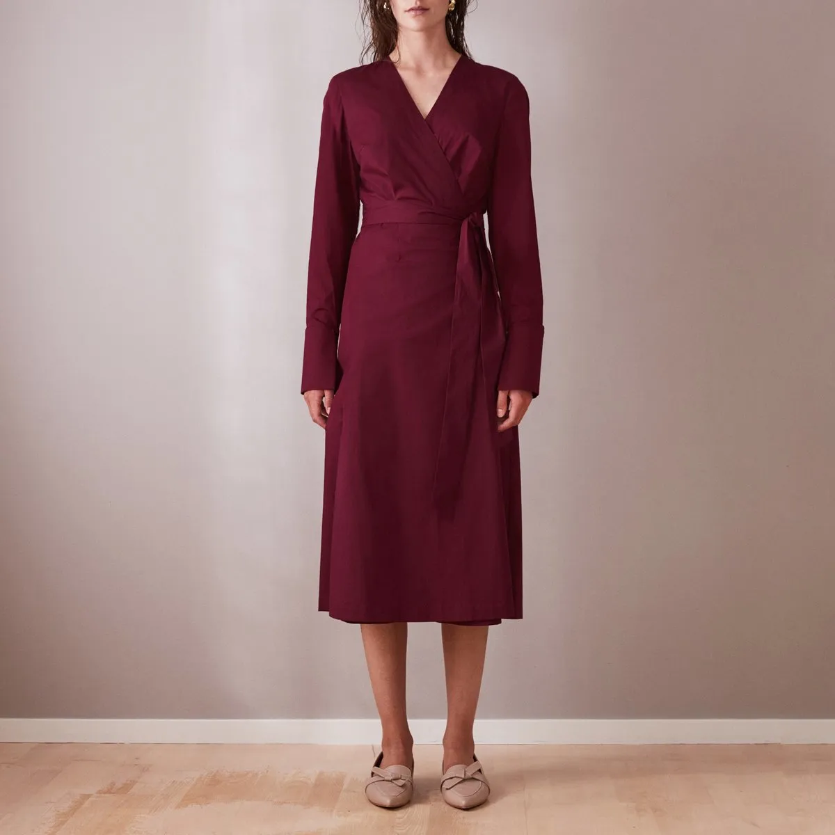 Long Sleeve Midi Wrap Dress Wine Red