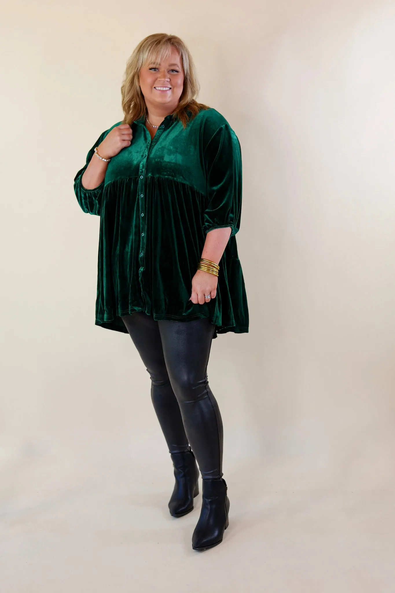 Love Link Button Up Velvet Half Sleeve Babydoll Tunic Top in Emerald Green