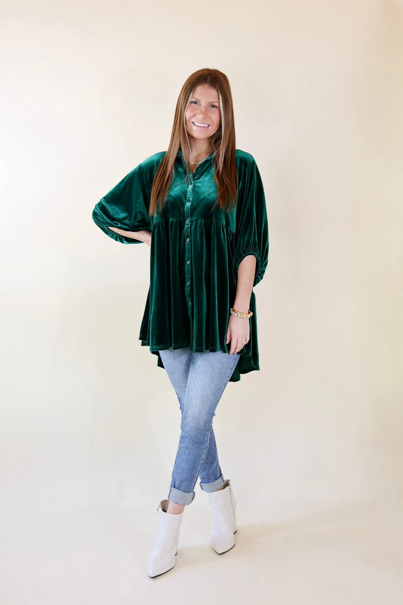 Love Link Button Up Velvet Half Sleeve Babydoll Tunic Top in Emerald Green