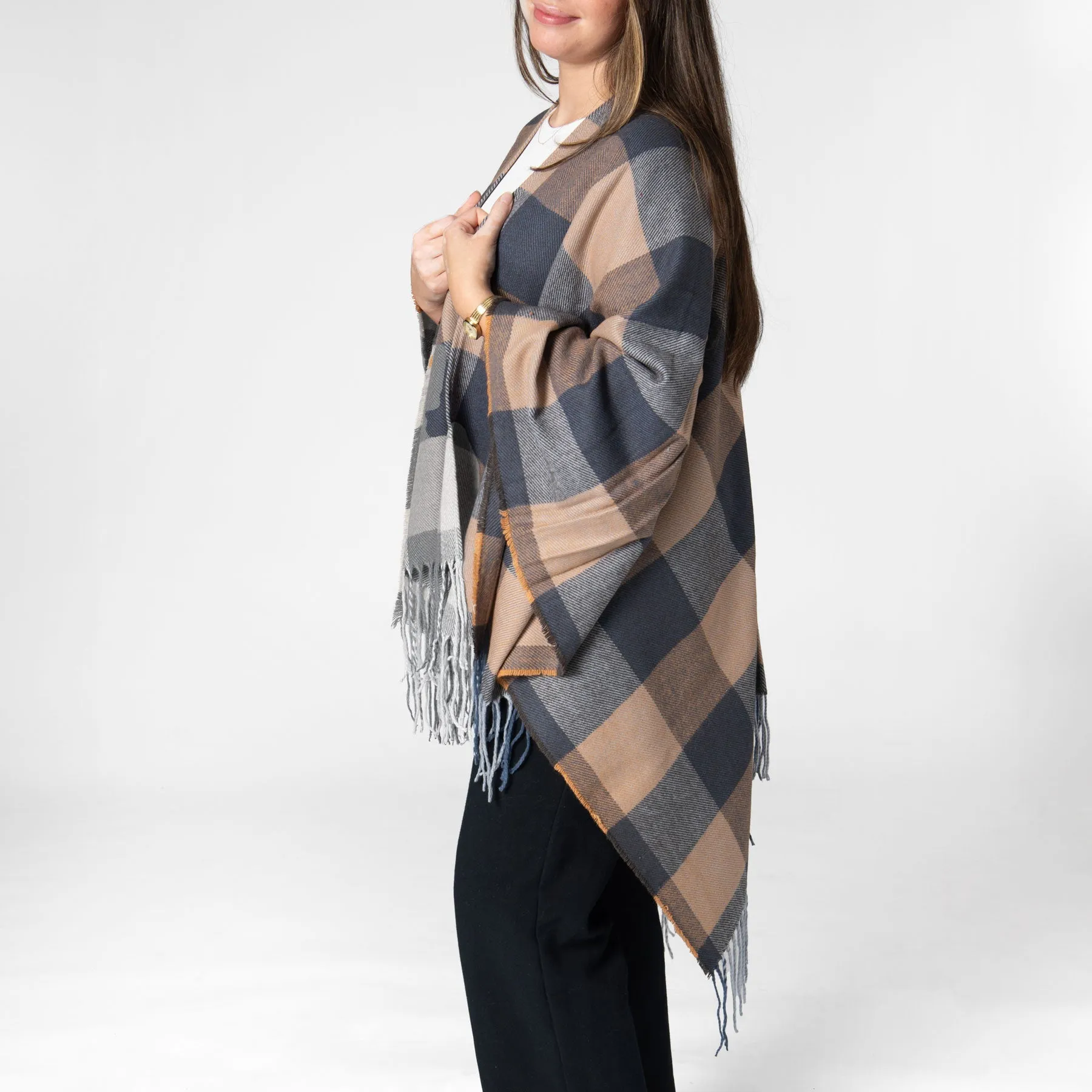 Maddie - Womens Woven Plaid Open Front Poncho