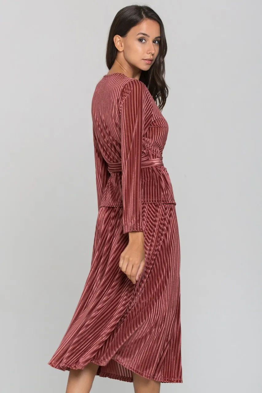 Maroon Velvet Chord Two Piece Midi Dress