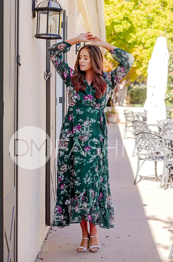 Melanee Pine Floral Wrap Dress - DM Exclusive - Maternity Friendly - Nursing Friendly - Restocked