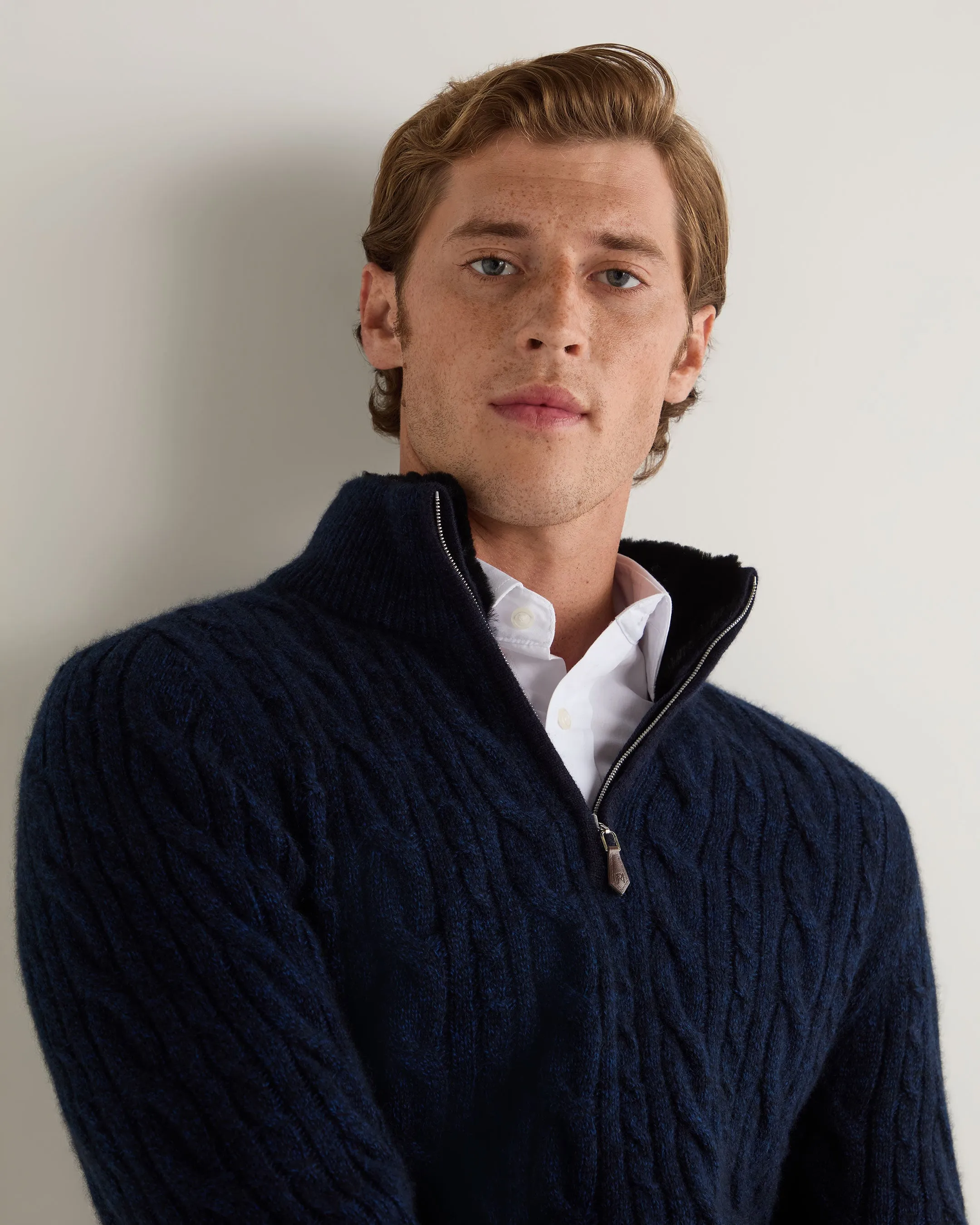 Men's Fur Trim Half Zip Cashmere Sweater Navy Blue Melange