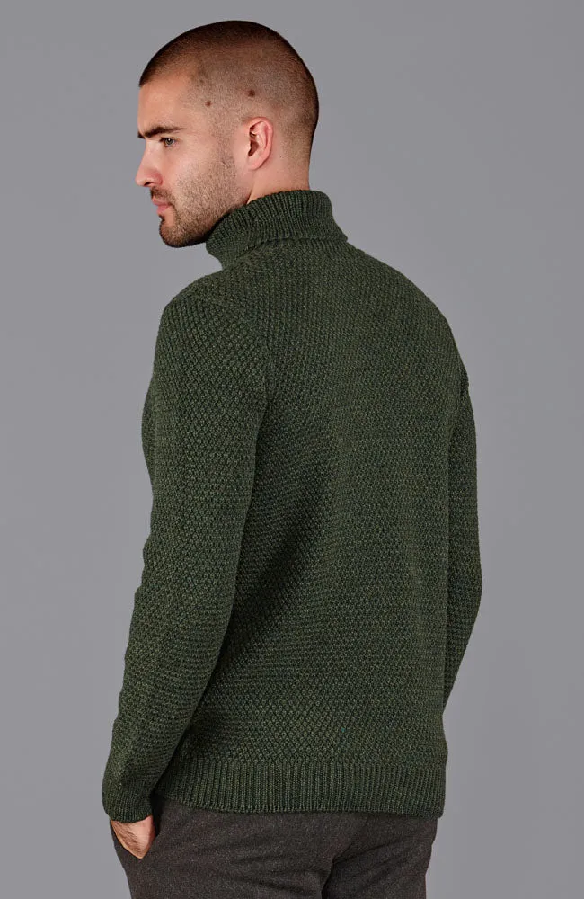 Mens Merino Wool Fishermans Roll Neck Moss Stitch Jumper