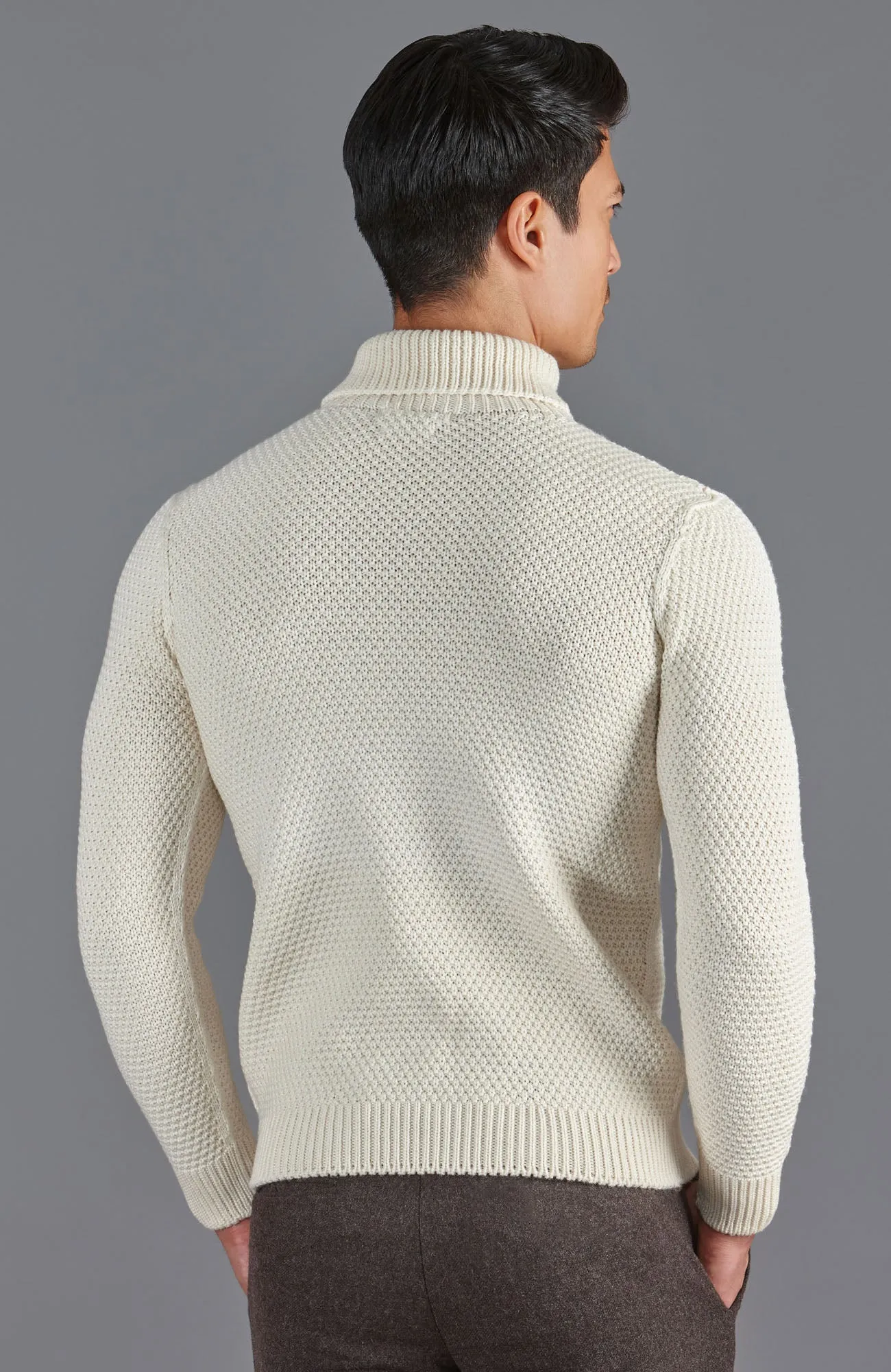 Mens Merino Wool Fishermans Roll Neck Moss Stitch Jumper