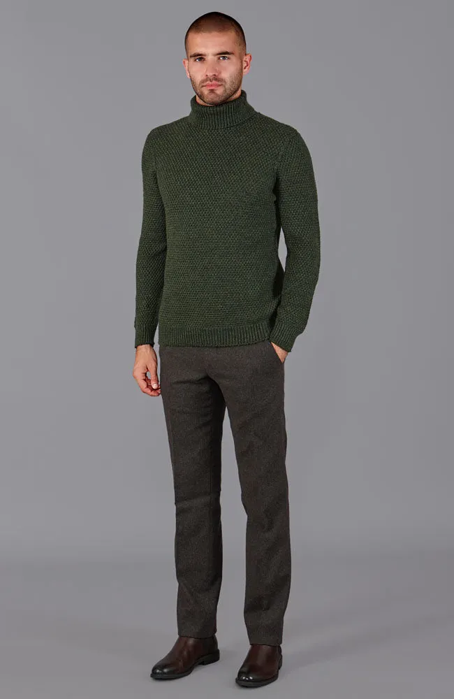 Mens Merino Wool Fishermans Roll Neck Moss Stitch Jumper