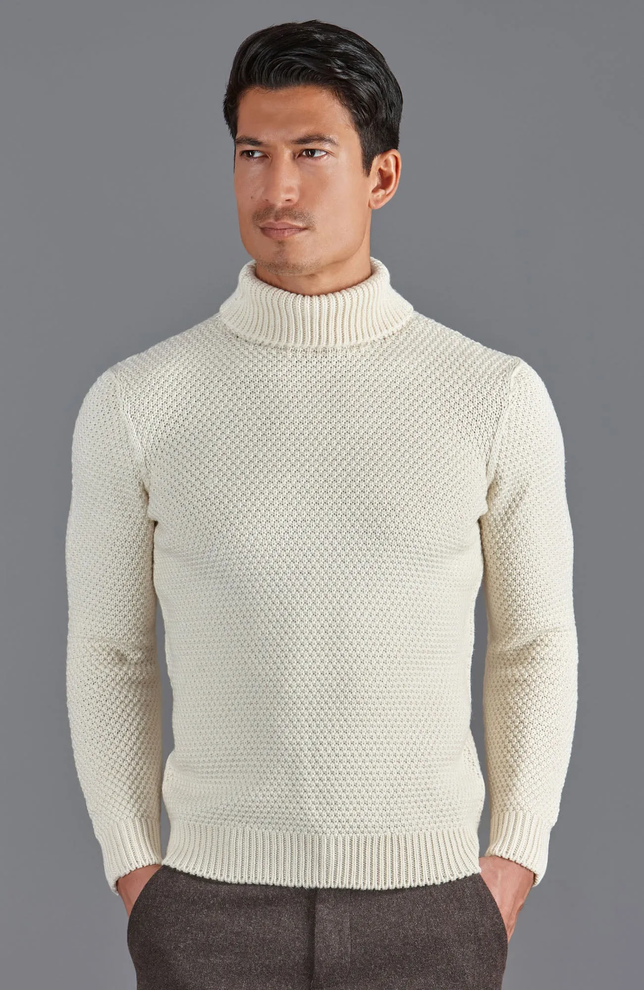 Mens Merino Wool Fishermans Roll Neck Moss Stitch Jumper