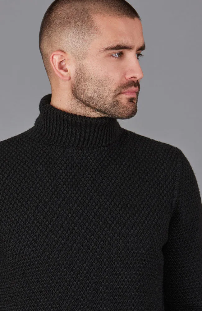 Mens Merino Wool Fishermans Roll Neck Moss Stitch Jumper