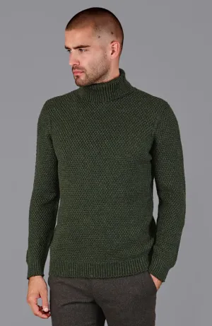 Mens Merino Wool Fishermans Roll Neck Moss Stitch Jumper