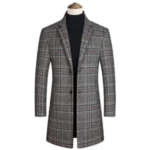 Men's Mid Length Plaid Wool Blend Overcoat