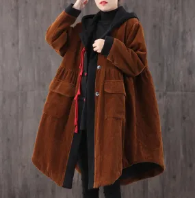 Mid-length Retro Winter Padded Warm Corduroy Casual Coat Women's Hooded Green Trench Coat Corduroy Over coat