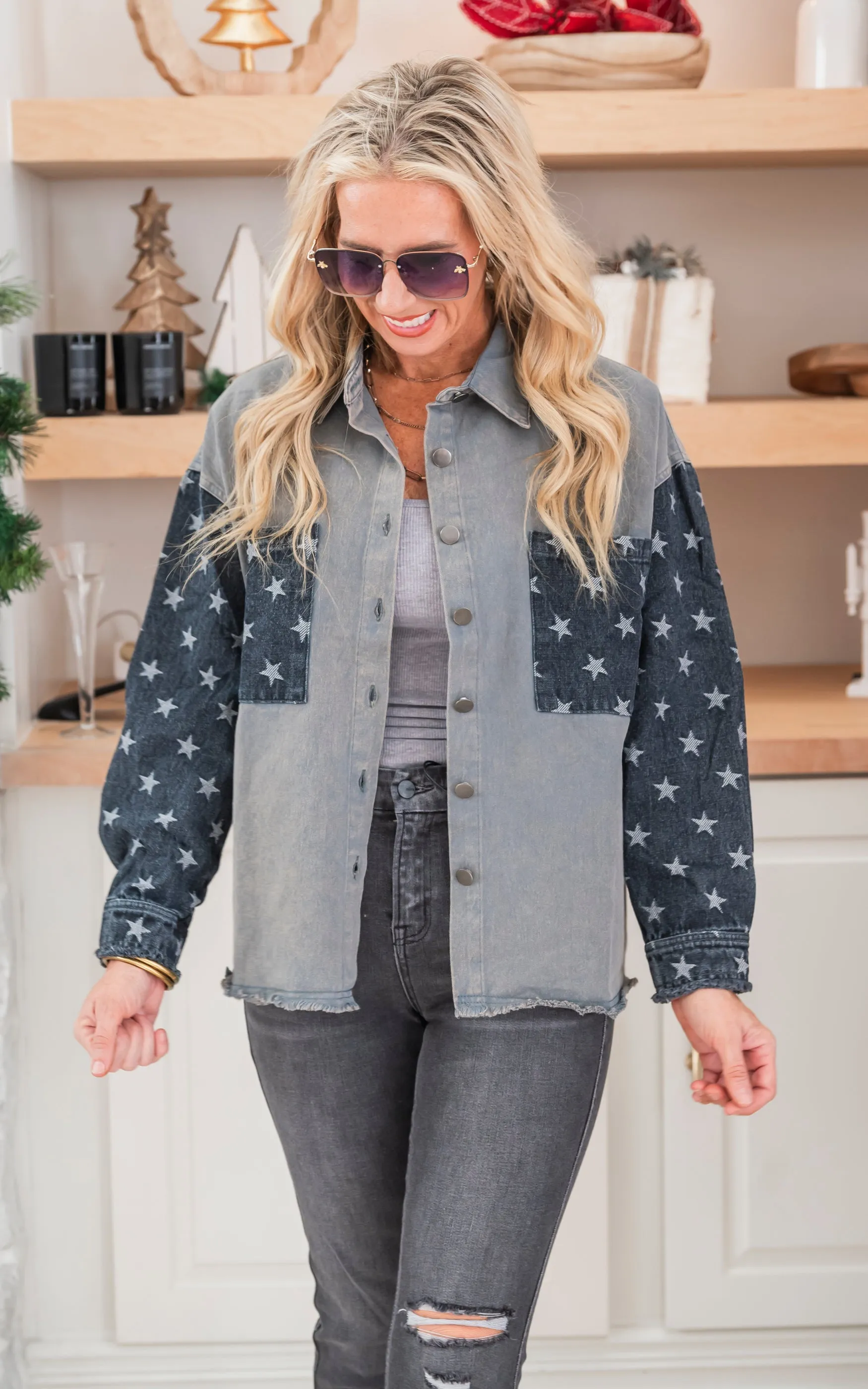 Mineral Washed Star Sleeve Denim Jacket - Final Sale