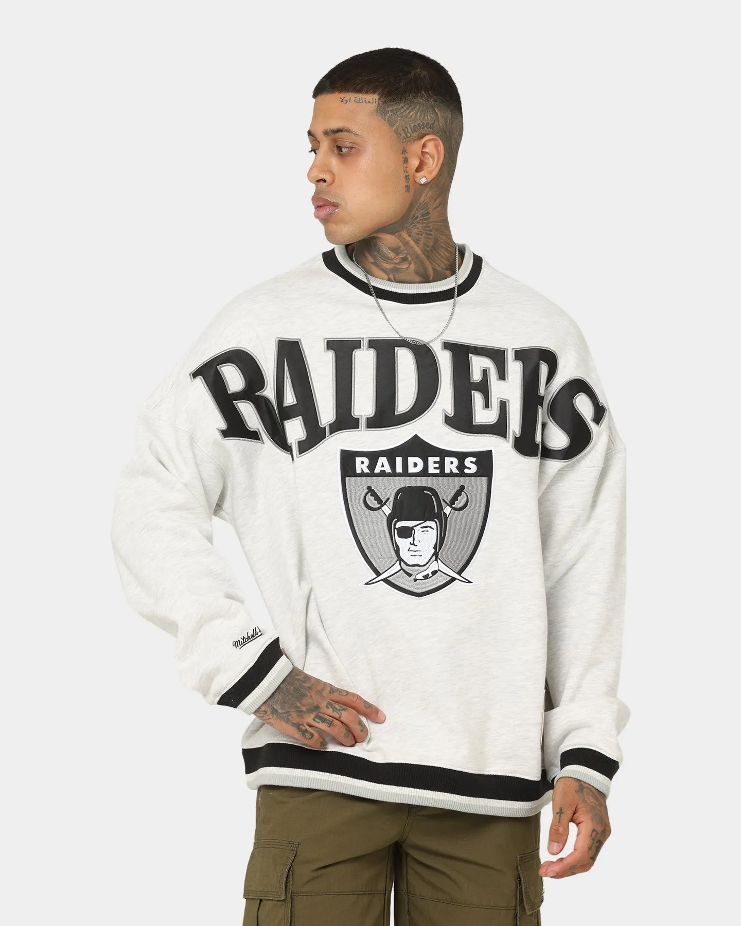 Mitchell & Ness Las Vegas Raiders Satin Infill Crewneck White Marle