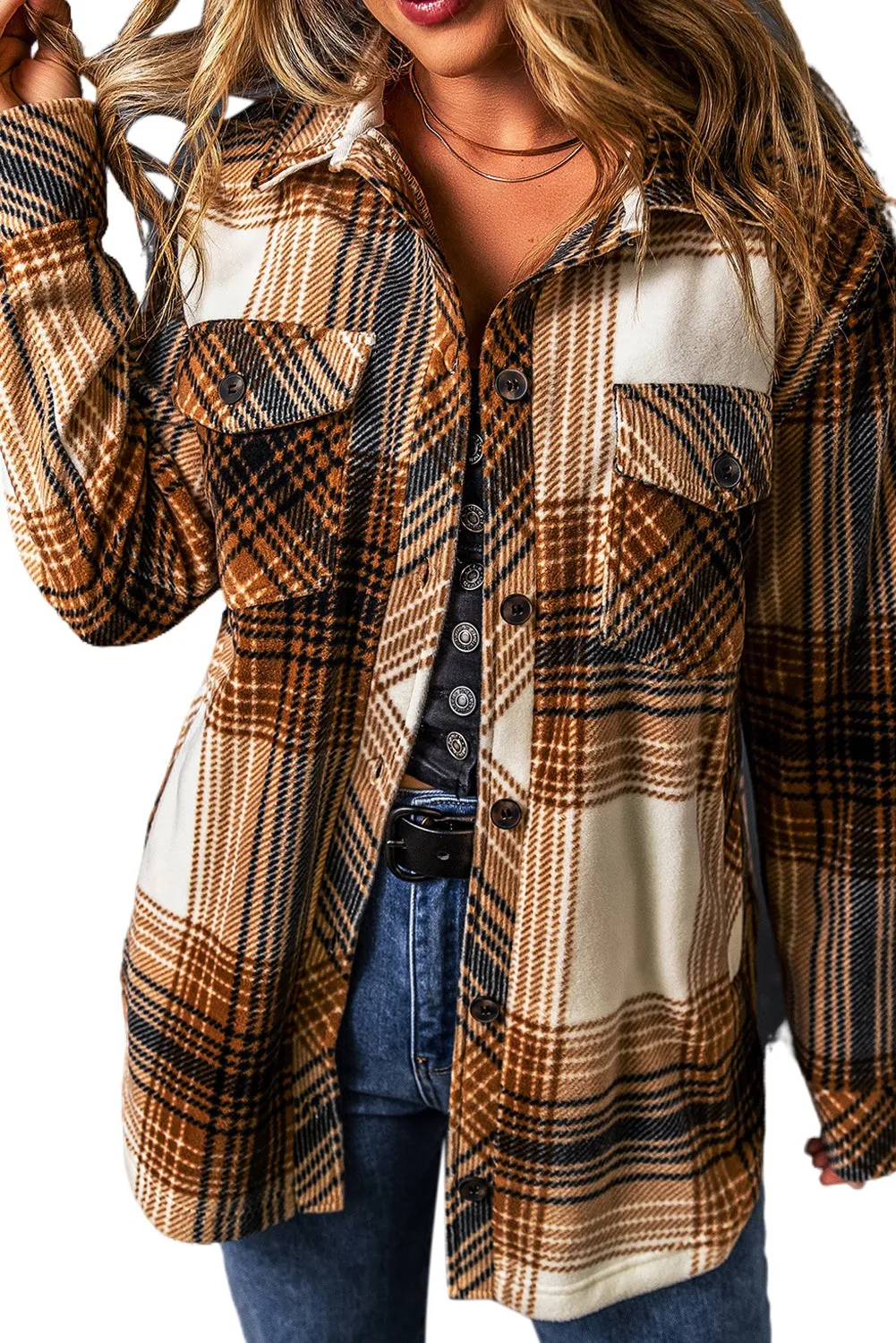 Multicolor Plaid Print Flap Pocket Button Up Shacket