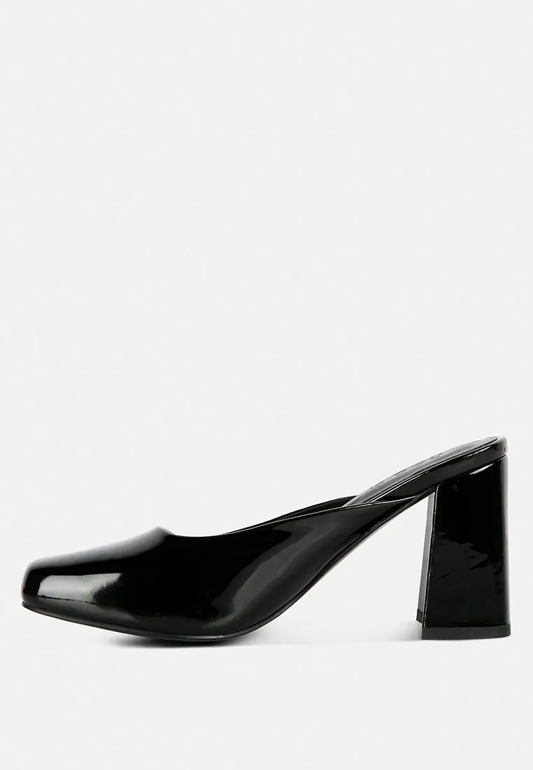 NEOPLAST Black Patent PU Block Heeled Mules