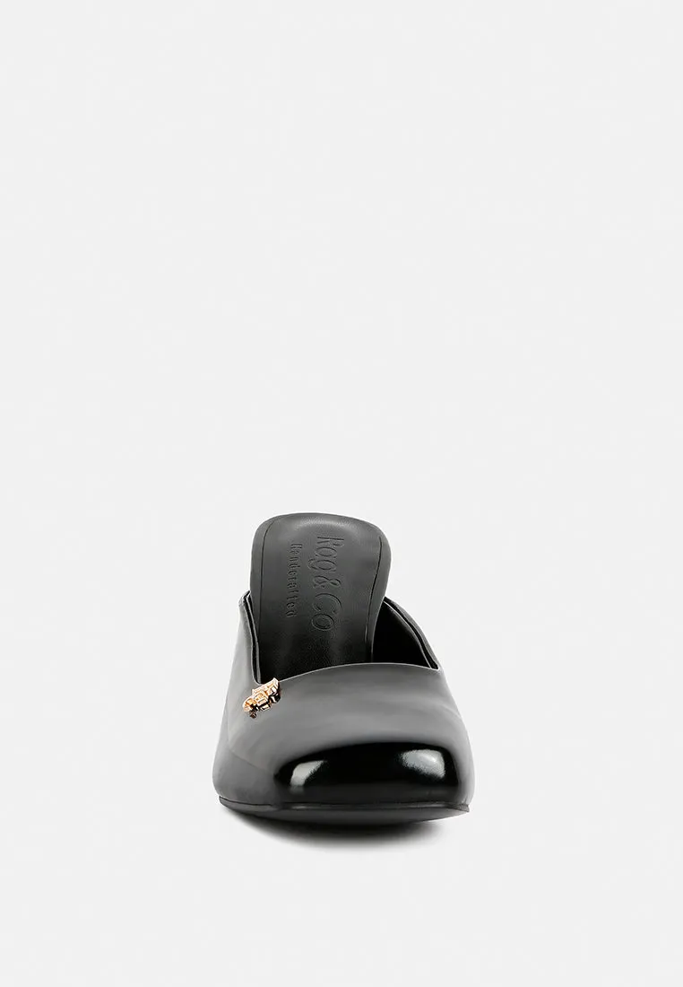 NEOPLAST Black Patent PU Block Heeled Mules