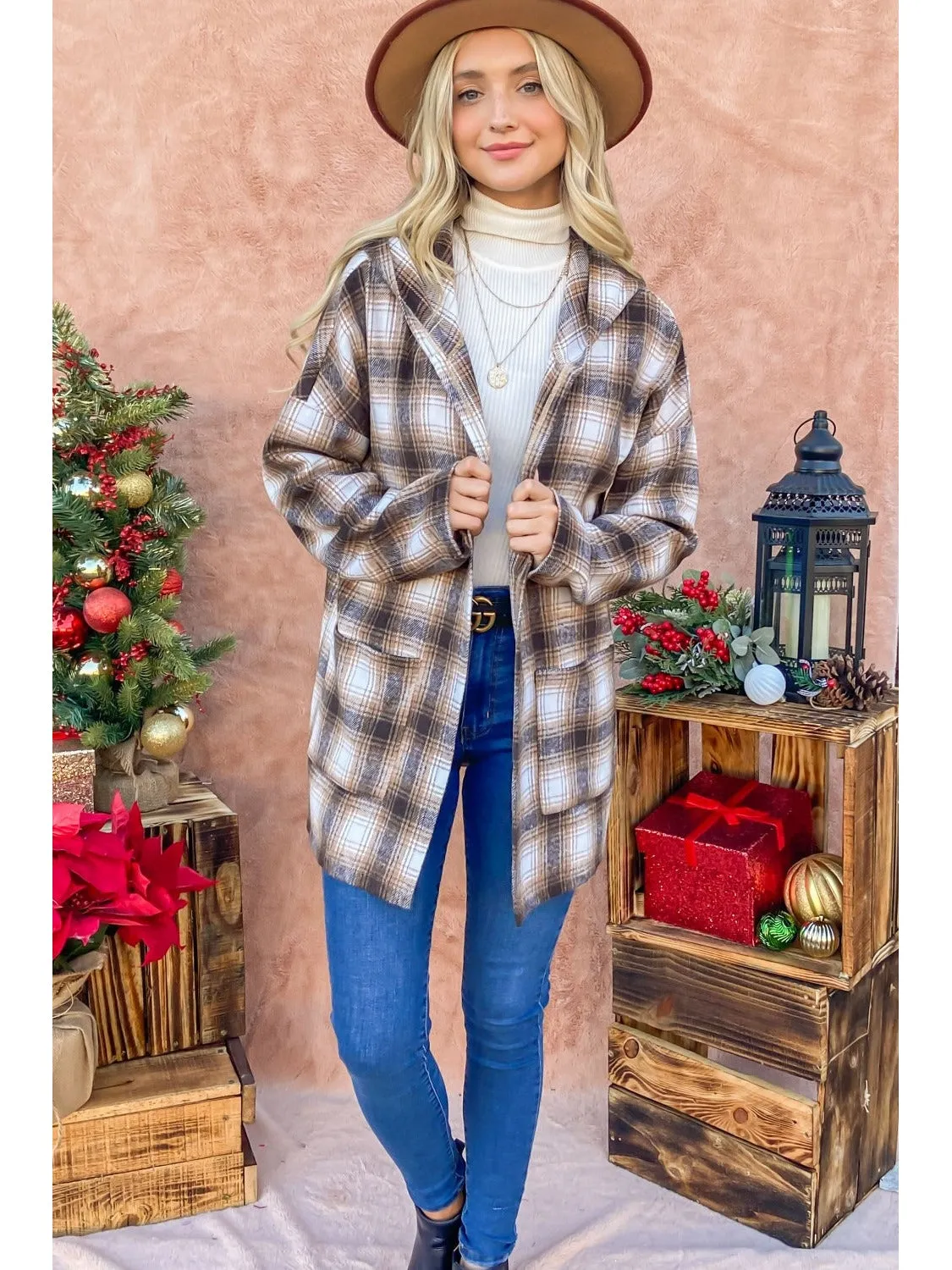 NicholesGifts Women And The Why Plaid Open Front Hooded Shacket